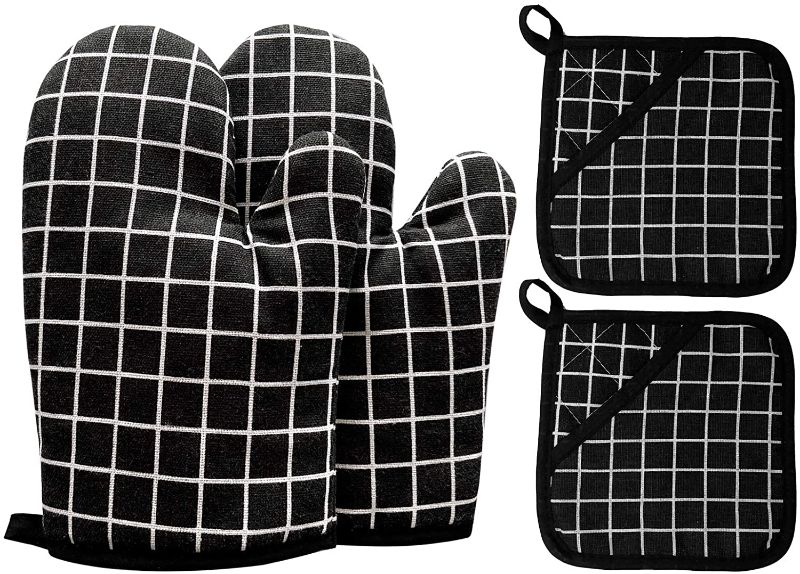 Photo 2 of 2 Oven Mitts and 2 Pot Holders Set, Soft Fabric Lining with Non-Slip Surface, Heat Resistant Kitchen Microwave Gloves for Baking Cooking Grilling BBQ (Black)
