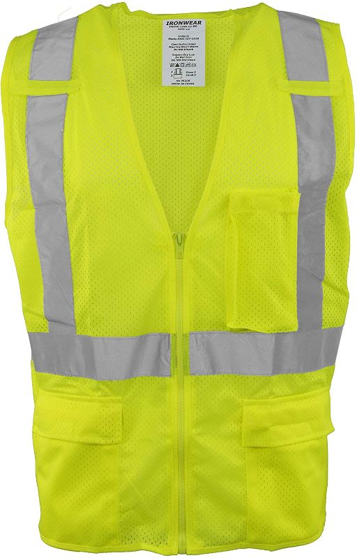 Photo 2 of Ironwear 1284-LZ-RD-7-4XL ANSI Class 2 Polyester Mesh SAFETY Vest with Zipper Rd & 2" Silver Reflective Tape, Lime, 4X-Large
