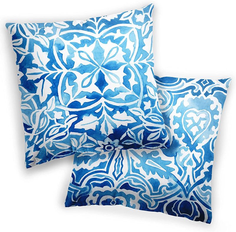 Photo 1 of Blue Leaf Throw Pillow Covers, Decorative Throw Pillow Cases for Couch Bed Car, Teal Blue Flowers Pillowcases, Modern Living Room Decor Cushion Protector, Set of 2, 18" x 18", Blue Leaf and Flower