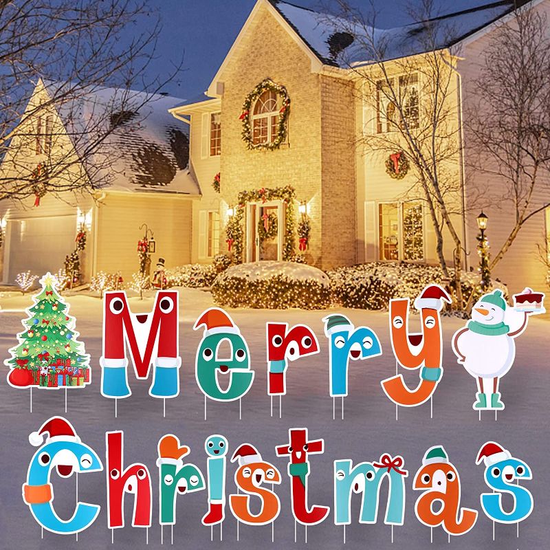 Photo 1 of 16 Pcs Merry Christmas Yard Signs, TOROKOM Outdoor Lawn Yard Signs with 32 Pcs Stakes Merry Christmas Letter Christmas Tree Snowman Winter Holiday Yard Decorations for Christmas Holiday Decor
