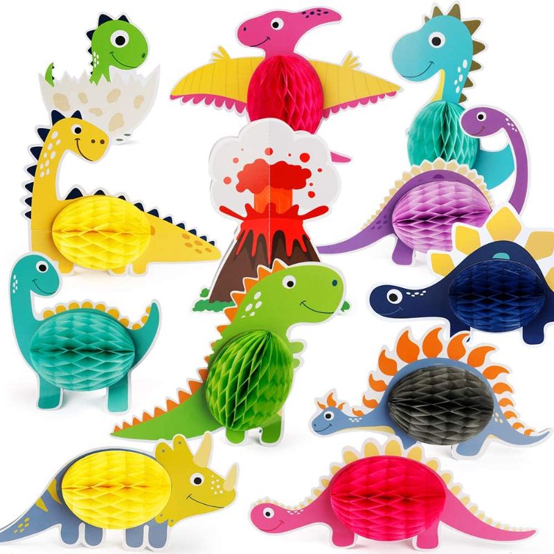 Photo 1 of Mocoosy 12 PCS Dinosaur Party Honeycomb Centerpieces for Table Decorations, Little Dino Center Piece Dinosaur Table Topper for Kids T-Rex Dinosaur Theme Birthday Party Supplies Baby Shower Decor