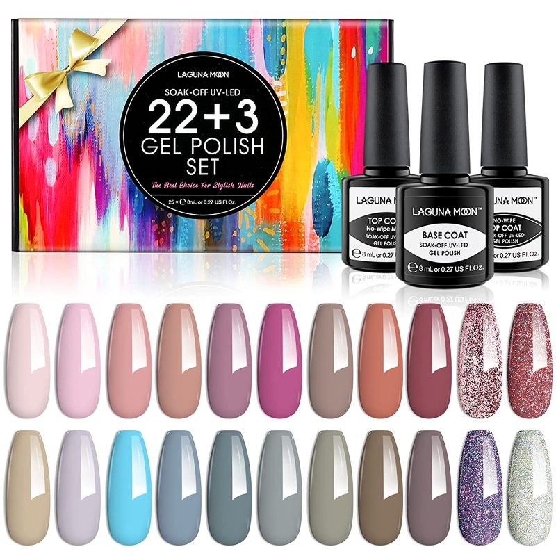 Photo 1 of Lagunamoon 25 Pcs Gel Nail Polish Kit,  Nude Nail Polish Set  with Glossy & Matte Top Base Coat, Pastel Pink Blue Browns Soak off Nail Polish, Bright Nail Art Solid Sparkle Glitters Colors for Starter Nail Art Salon Design Manicure