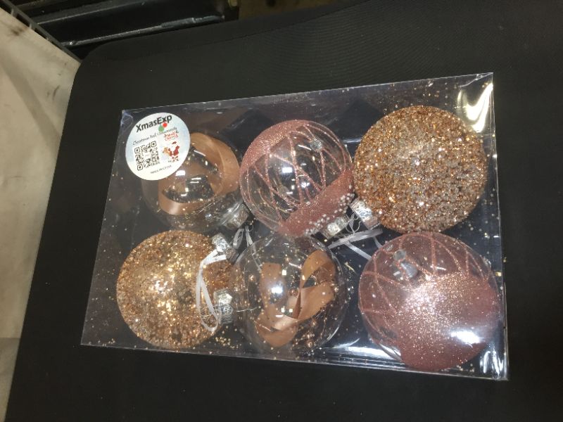 Photo 2 of XmasExp Christmas Ball Ornament Set-100mm/3.94" Large Shatterproof Clear Glitter Pastic Christmas Ball Ornaments Xmas Tree Decoration Delicate Hanging Ornament for Xmas Party (6 Counts,Rose Gold)