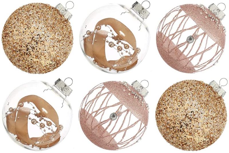 Photo 1 of XmasExp Christmas Ball Ornament Set-100mm/3.94" Large Shatterproof Clear Glitter Pastic Christmas Ball Ornaments Xmas Tree Decoration Delicate Hanging Ornament for Xmas Party (6 Counts,Rose Gold)