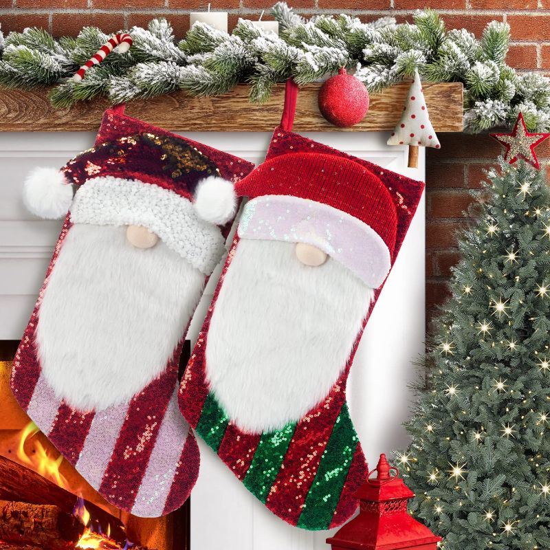 Photo 1 of XAMSHOR Sequin Christmas Stockings with 3D Plush Gnome Santa, Scandinavian Tomte Xmas Hanging Stocking Christmas Decorations Home Décor Holiday Ornaments 20 Inches, Pack of 2, Red