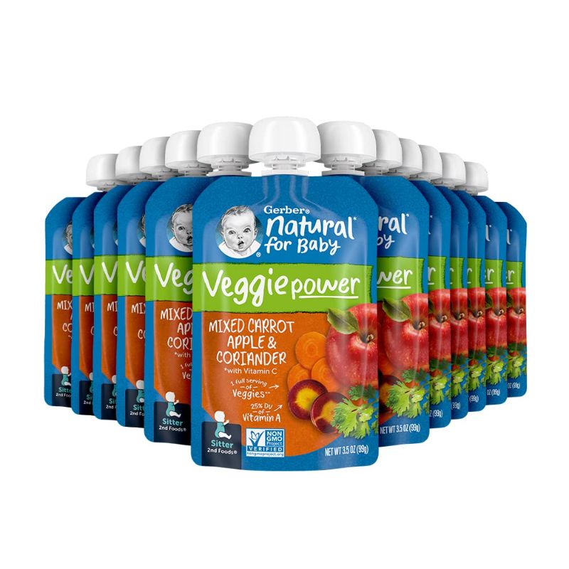 Photo 1 of Gerber Baby Food Pouches, 2nd Food for Sitter, Veggie Power, Mixed Carrot Apple Coriander, 3.5 Ounce (Pack of 12)
EXP FEB 2022