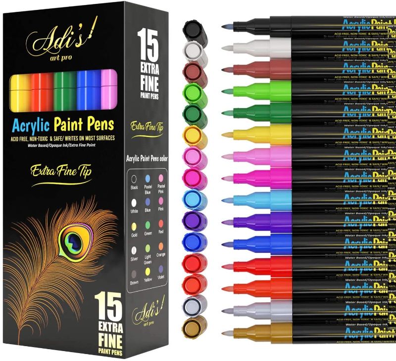 Photo 1 of Acrylic Paint Pens for Rocks Painting Ceramic, Wood, Glass Canvas, Water Based. Set of 15 Acrylic Paint Markers by ADIS&GUYS (Extra Fine Tip)