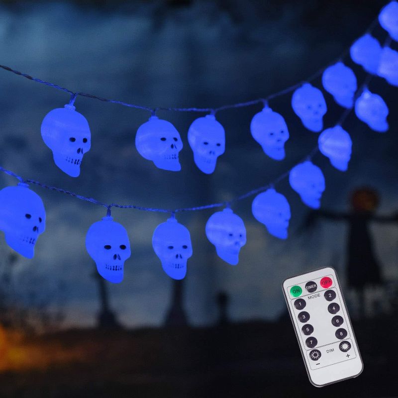 Photo 1 of 30 LED Halloween Decoration Skull String Lights, Battery Operated 8 Modes Fairy Lights with Remote, 16.4ft Waterproof Halloween Lights Decor for Outdoor Indoor Party (Blue)