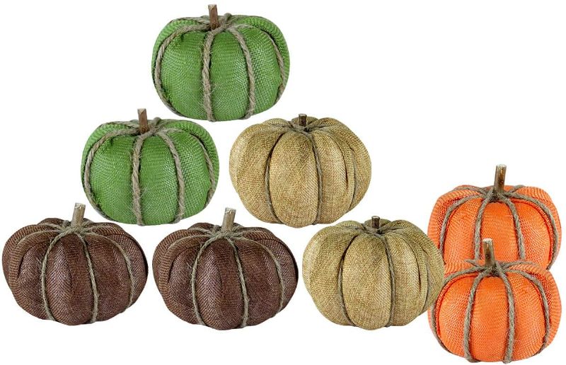 Photo 1 of 4 Inch Fabric Burlap Pumpkins for Decorating - 8PCS Small Plastic Burlap Pumpkins for Rustic Fall Decor, Artificial Foam Pumpkins Perfect for Halloween Thanksgiving Decoration Fall Wedding