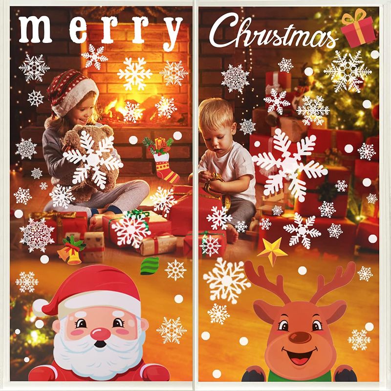 Photo 1 of 3 PACK - 372PCS Christmas Window Clings, Christmas Decorations Indoor, Xmas Decals Decorations Holiday Snowflake Santa Claus Reindeer Decals for Party, Christmas Snowflake Window Cling Stickers for Glass 9 Sheets