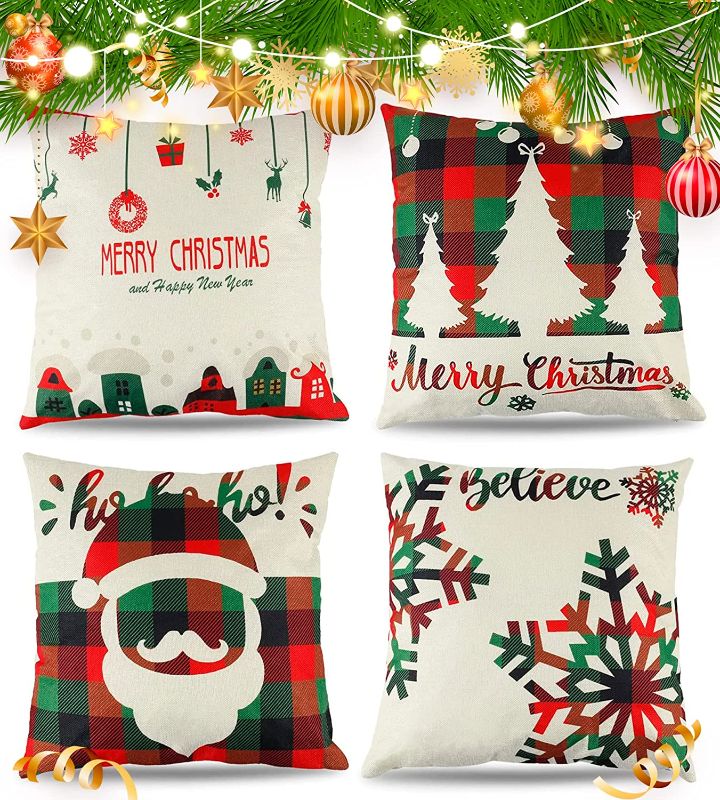 Photo 1 of Christmas Throw Pillow Cover Decorations, Holiday Xmas 18"X18" Decorative Case Cushion Winter Covers Sofa Couch Indoor Outdoor Cotton Linen Pillowcase with Zipper Home Festival Party Red Santa Tree