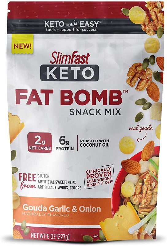 Photo 1 of 2 PACK - SlimFast Keto Fat Bomb Snack Mix, Gouda Garlic & Onion, Keto Snacks for Weight Loss, Low Carb with 6g of Protein, 8 Oz Bag
EXP APRIL 2022