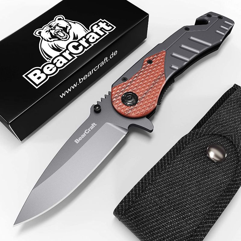 Photo 1 of BearCraft Folding Knife inclusive **FREE eBook** | Outdoor Survival pocket knife with wood insert | Small one-hand knife made of stainless steel | Ideal for recreational work hiking camping