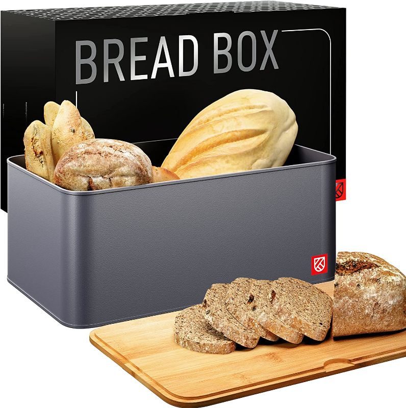 Photo 1 of Bread Box for Kitchen Countertop - Large Metal Breadbox with Wooden Bamboo Chopping Board Lid - Kensington London Bread Storage Container and Holder - Cut, Serve, and Store Bread Fresher For Longer