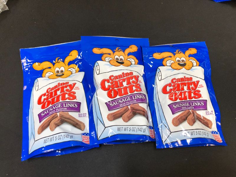 Photo 2 of 3 PACK - Canine Carry Outs Sausage Links Beef Flavor Dog Snacks, 5 Ounce Bag
EXP APRIL 2022