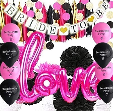 Photo 1 of Bachelorette Party Decorations - 30pcs Hot Pink and Black Tissue Paper Pom Poms Circle Garland Tassel Bunting Banner Bride To Be Banner Love Balloons Set for Engagement Party Bridal Shower Decorations