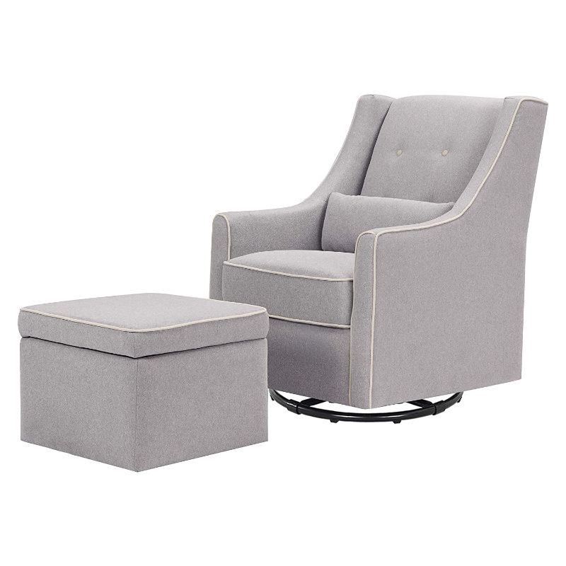 Photo 1 of DaVinci Owen Upholstered Swivel Glider with Side Pocket and Storage Ottoman in Grey with Cream Piping, Greenguard Gold & CertiPUR-US Certified
