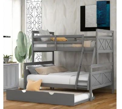 Photo 1 of Gray Twin Over Full Bunk Bed with Ladder and Twin Size Trundle  box 1 of 2 and box 2 of 2
