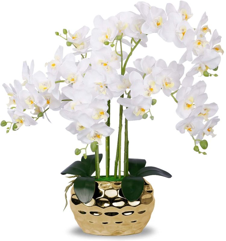 Photo 1 of Artificial Orchid in Gold Vase White Orchid Silk Orchids Faux Orchid Plant in Gold Pot Fake Flower Arrangement White Flowers Artificial for Decoration Home Decor Kitchen Decoration Table Centerpieces
