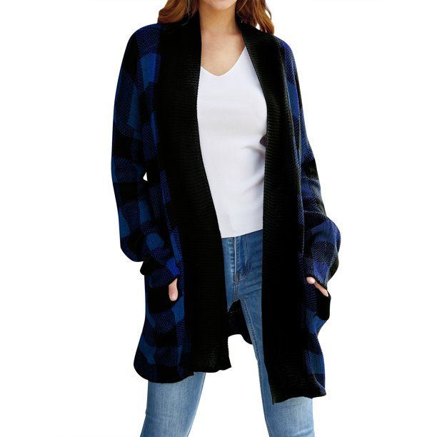 Photo 1 of Women Plaid Printed Open Front Pockets Long Sleeve Winter Sweater Cardigan LARGE
