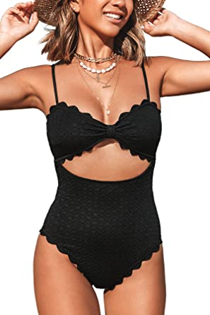 Photo 1 of CUPSHE Women's One Piece Swimsuit Sexy Black Cutout Scallop Trim Bathing Suit SMALL
