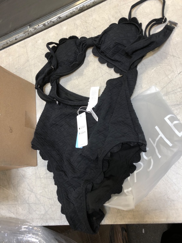 Photo 2 of CUPSHE Women's One Piece Swimsuit Sexy Black Cutout Scallop Trim Bathing Suit MEDIUM 
