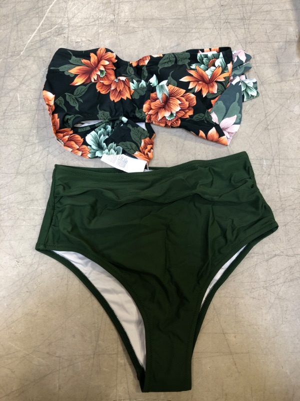 Photo 2 of Dark Green Floral One Shoulder Ruffle High Waisted Bikini. Medium
