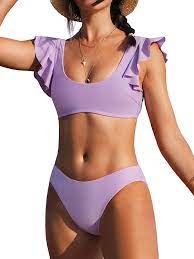 Photo 1 of CUPSHE Women's Ruffle Bikini Set Low Waisted Purple Scoop Bralette Bathing Suit Medium
