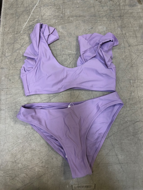 Photo 2 of CUPSHE Women's Ruffle Bikini Set Low Waisted Purple Scoop Bralette Bathing Suit. Medium
