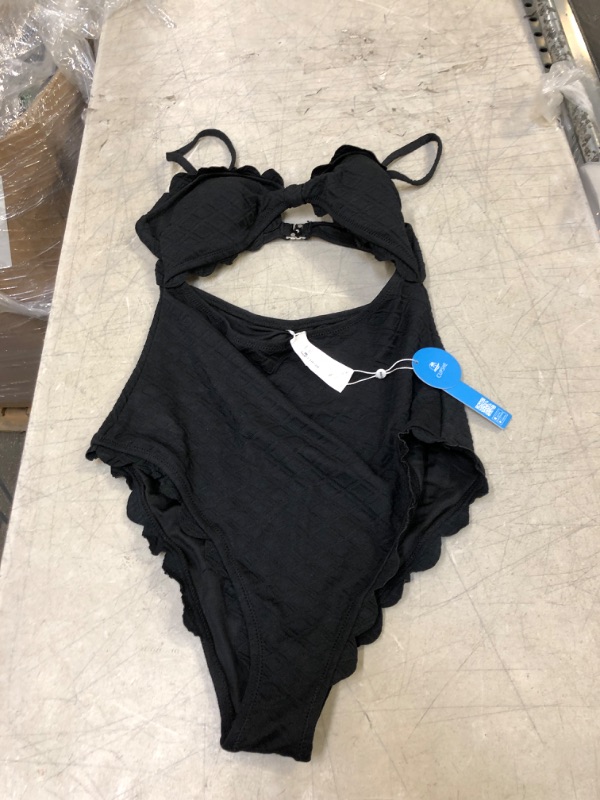 Photo 2 of Black Knotted Scalloped One Piece Swimsuit XL
