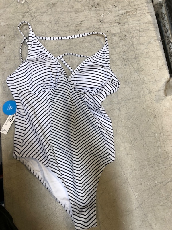 Photo 1 of Black And White Stripe V-Neck One Piece Swimsuit, Large
