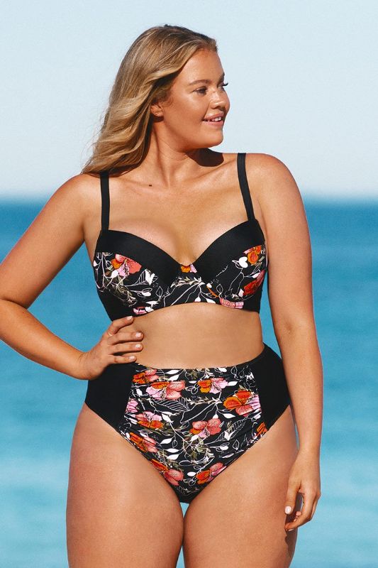 Photo 1 of Black Floral High Waisted Plus Size Bikini Bottom, 0X
