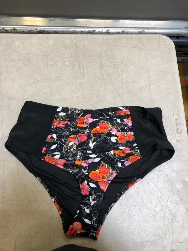 Photo 2 of Black Floral High Waisted Plus Size Bikini Bottom, 0X
