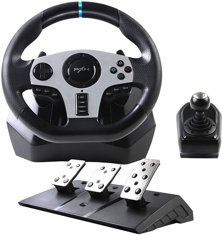 Photo 1 of Game Racing Wheel, PXN V9 270°/900° Adjustable Racing Steering Wheel, with Clutch and Shifter, Support Vibration and Headset Function, Suitable for PC, PS3, PS4, Xbox One, Nintendo Switch.
