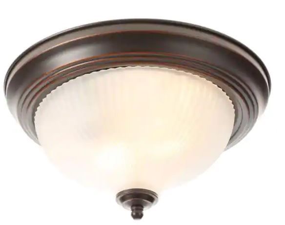 Photo 1 of 11 in. 2-Light Oil-Rubbed Bronze Flush Mount with Frosted Swirl Glass Shade
