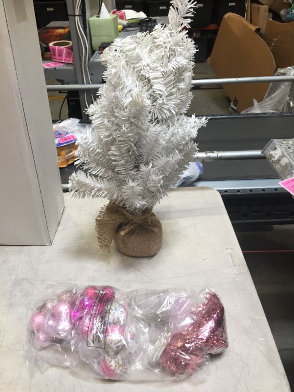 Photo 1 of 24" Tabletop Christmas Tree Indoor Decor White with Pink Ornaments and Accessories