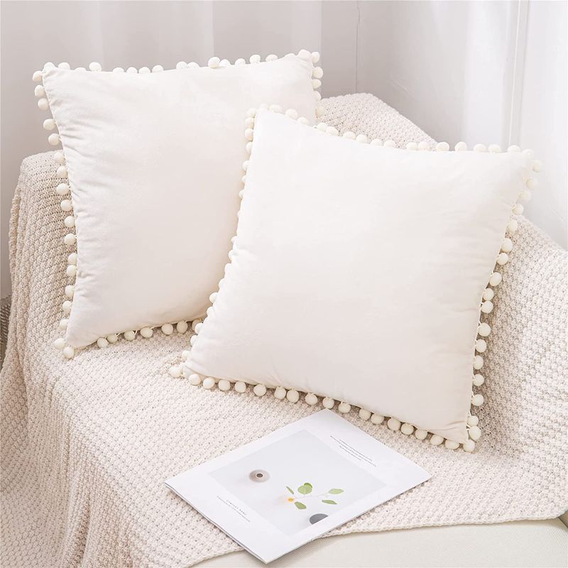 Photo 1 of LOVINSUNSHINE Velvet Decorative Pillows Covers Boho Pillow Cover for Couch Bed Bedroom Outdoor - Cream Euro Cushion Covers Pom Pom Decorative Pillow Cases Set of 2 Throw Pillow Covers 18x18 -
