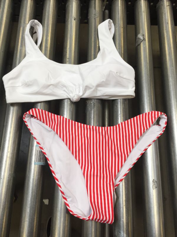 Photo 2 of White Knotted And Red Stripe Bikini
LARGE