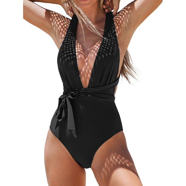 Photo 1 of Cupshe Women's Black One Piece Swimsuit Deep V Neck Self Tied Belt Bathing Suit LARGE