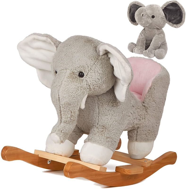 Photo 1 of SpecialYou Rocking Horse Wooden Rockers with Seat Elephant Ride Plush Stuffed Animals Toy -Set of 2, Boy Girl Kids Ride on Toys for 10 Months to 3 Years Old, 25" Lx10 Wx16 H, Gray