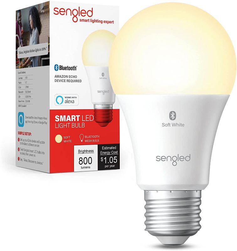 Photo 1 of Sengled Smart Bulb, Alexa Light Bulb Bluetooth Mesh, Smart Light Bulbs That Work with Alexa Only, A19 Dimmable LED Bulb E26, 60W Equivalent Soft White 800LM, Certified for Humans Device, 1 Pack
