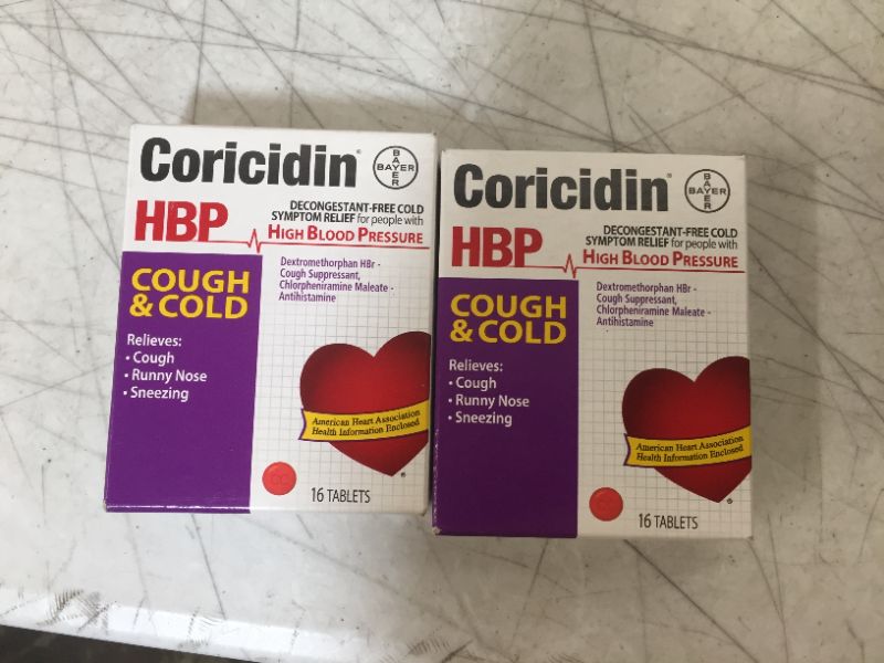 Photo 2 of Coricidin HBP Decongestant-Free Cough and Cold Medicine for Hypertensives, Cold Symptom Relief for People with High Blood Pressure, 325 mg Acetaminophen Tablets (16 Count) -- BB 04/2022, 2 PACK