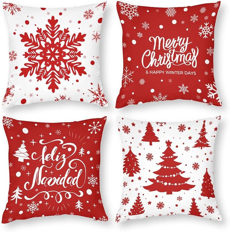 Photo 1 of BBKD Christmas Pillow Covers 18x18 Inch,Set of 4 Christmas Winter Decorative Throw Pillow Covers, Christmas Tree Snowflakes Polyester Cushion Case ?for Sofa Couch Bed Home Decor
