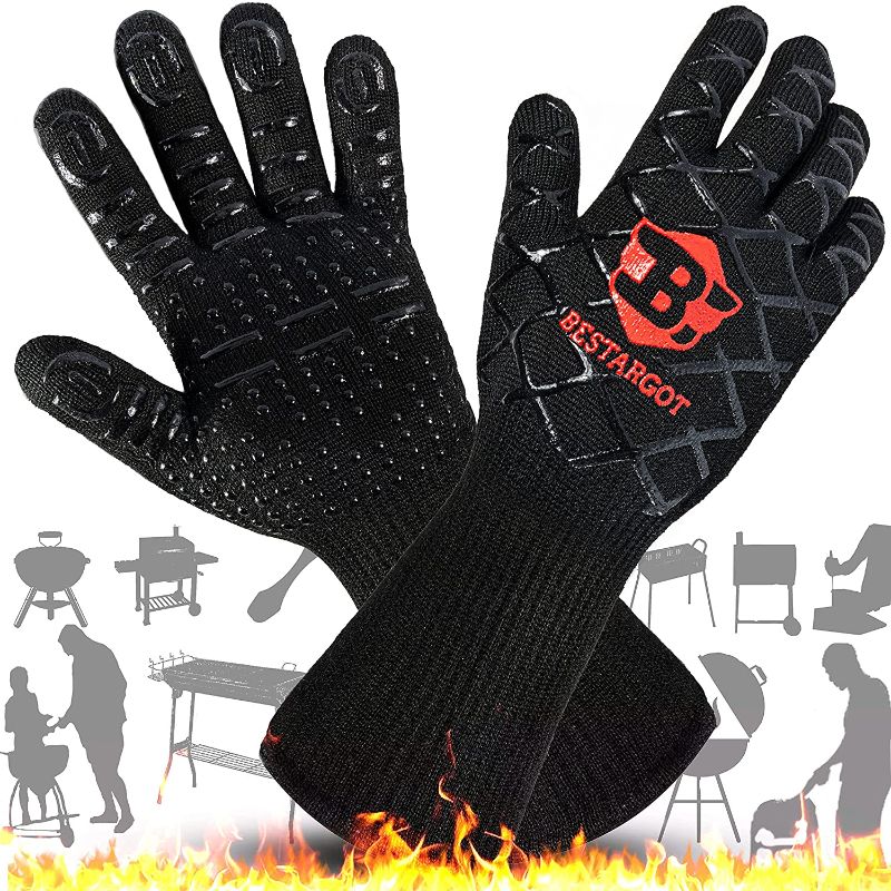 Photo 1 of Bestargot BBQ Gloves Grilling Gloves 1472? Heat Resistant Kitchen Gloves Oven Mitts, Silicone Non-Slip, Oven Gloves 14‘’ Extra Long, for Cooking Gloves Baking Cutting Welding
