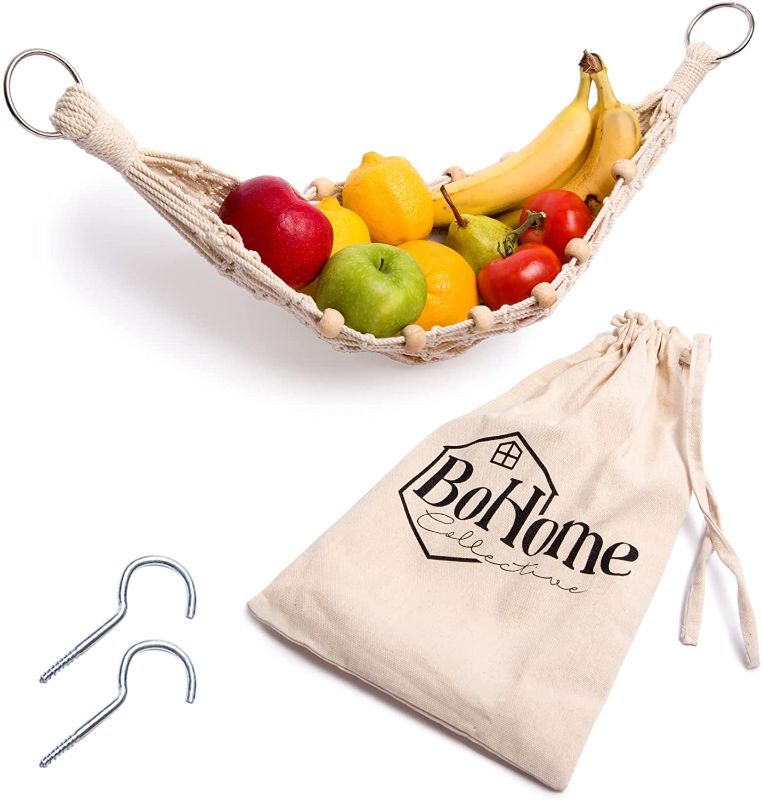 Photo 1 of BoHome Collective - Macrame Fruit Hammock Under Cabinet - with Reusable Produce Bag / Banana Hammock Fruit Holder / Boho kitchen decor for Kitchen or RV
