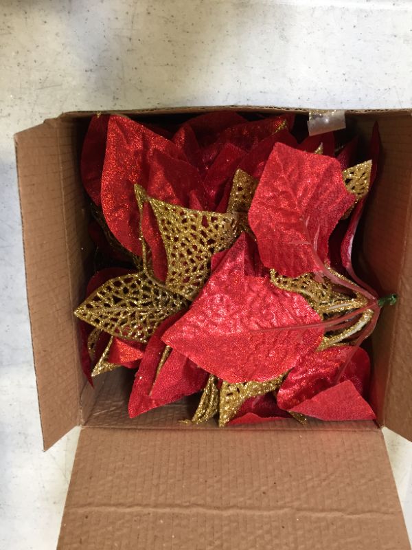 Photo 2 of 10 Pack Christmas Poinsettia Flowers Glitter Poinsettia Bushes Christmas Tree Flowers Christmas Poinsettia Ornament, Artificial Poinsettia Flowers Christmas Decorations-Red
