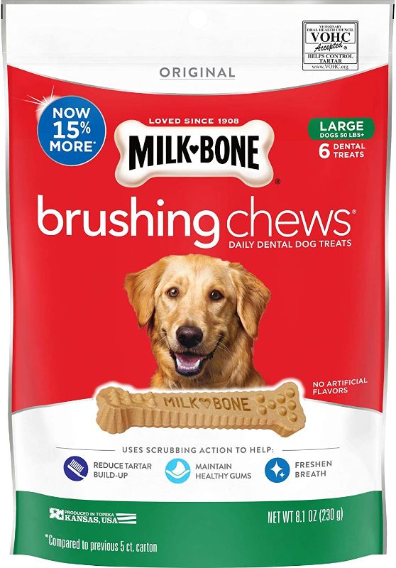 Photo 1 of Milk-Bone Original Brushing Chews Daily Dental Dog Treats, Large, 6 count
EXP 04/21/22