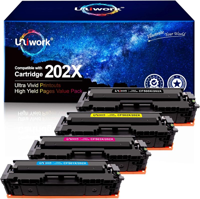 Photo 1 of Uniwork Compatible Toner Cartridge Replacement for HP 202X 202A CF500X CF500A Compatible with Laserjet Pro MFP M281fdw M281cdw M254dw M281 M281dw M280nw Printer Tray (Black, Cyan, Magenta, Yellow)
