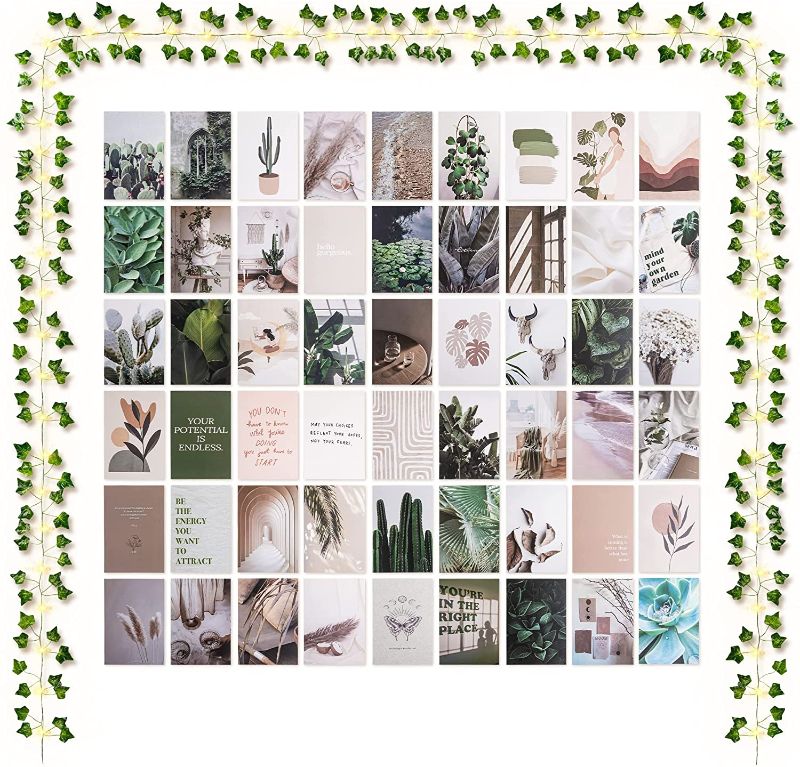 Photo 1 of Complete Boho Cottagecore Collage Kit Bundle - 60 Pictures for Wall Esthetic, 21 ft Decorative Ivy Leaves, 240 Adhesive Dots, 33 ft LED String Lights with Remote. from Kyst.Collective

