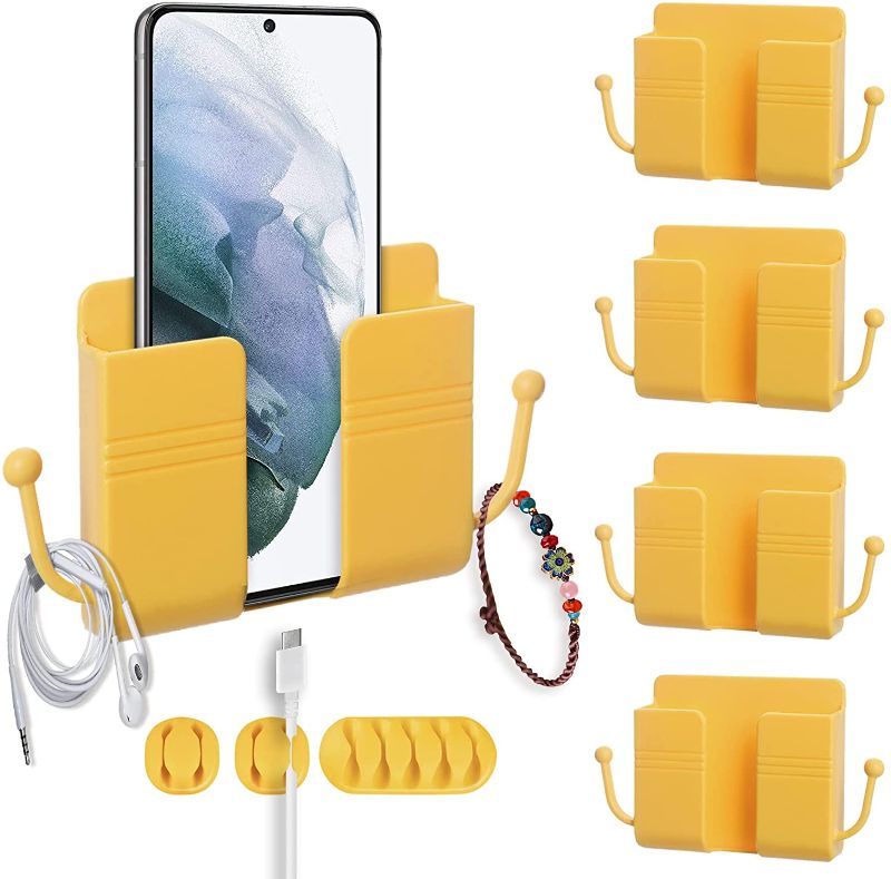Photo 1 of 4Pcs Wall Phone Holder Self-Adhesive Remote Control Storage Box Wall Mount with 3 Cable Clips Charging Phone Stand Holder with Hook Non Slip Plastic Organizer Phone Rack for Bedroom Bathroom (Yellow)
